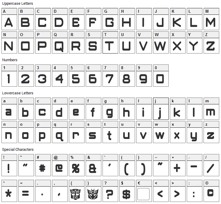 Classic Robot Font Character Map