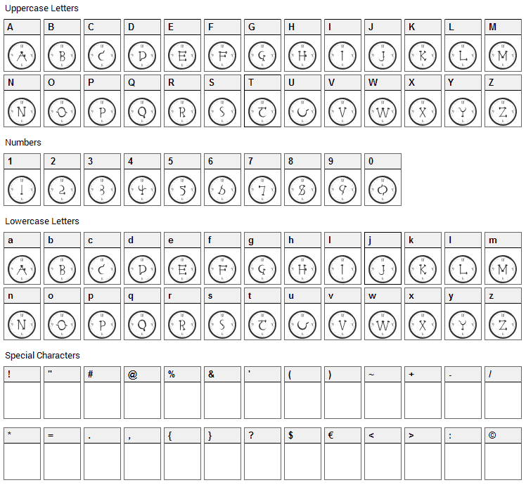 Clock Face Font Character Map