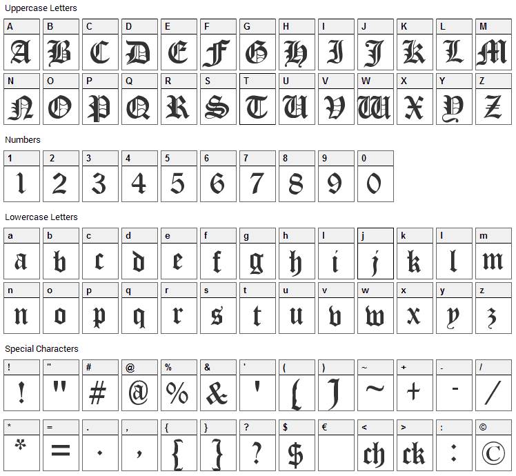Cloister Black Font Character Map