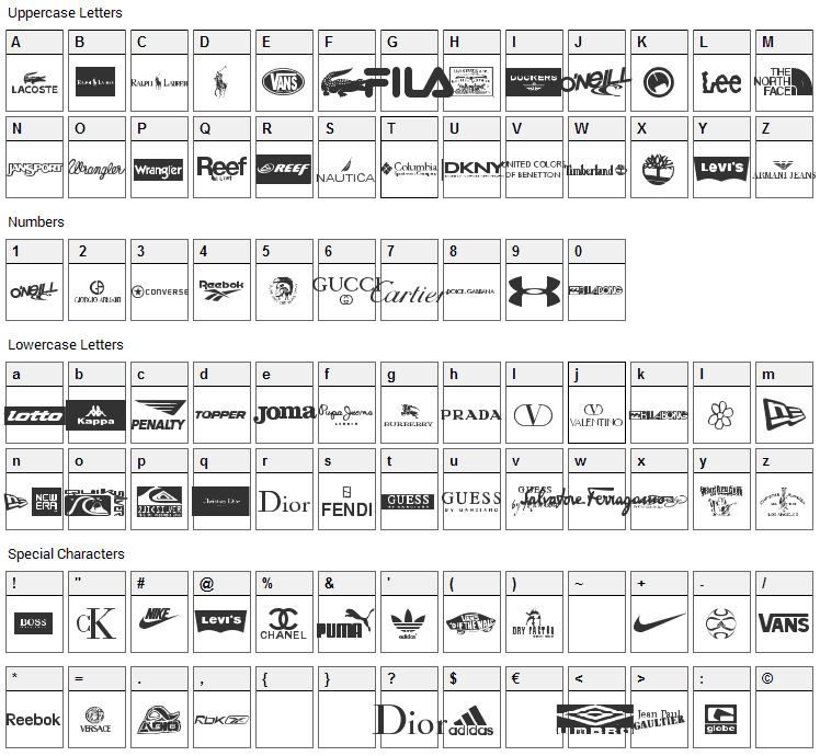 Clothing Logos Font Character Map