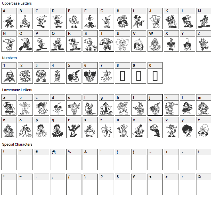 Clowners Font Character Map