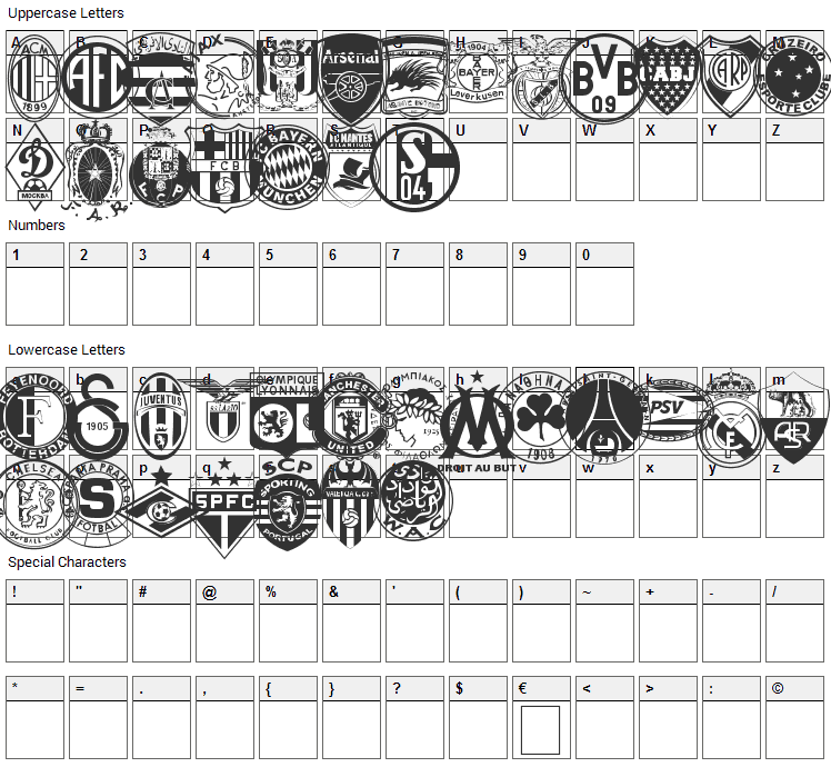 Clubz Font Character Map