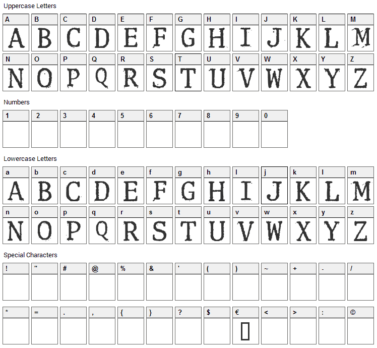 Clunk Font Character Map