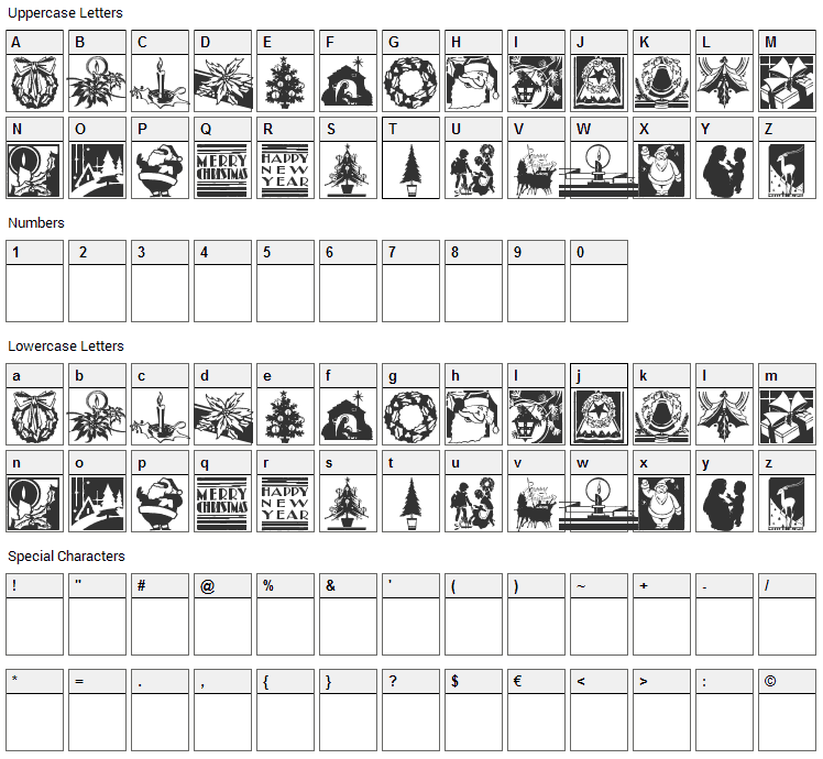 Cobb Shinn Christmas Cuts Font Character Map