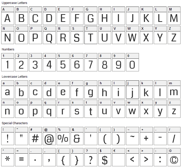 Coda Font Character Map