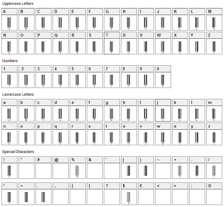 Code 39 Barcode Font Character Map