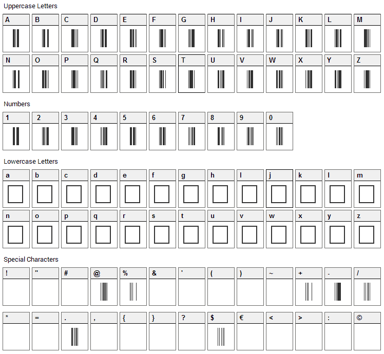 Code 39 Font Character Map