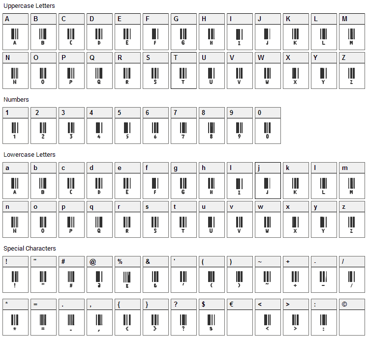 Code 3X Font Character Map