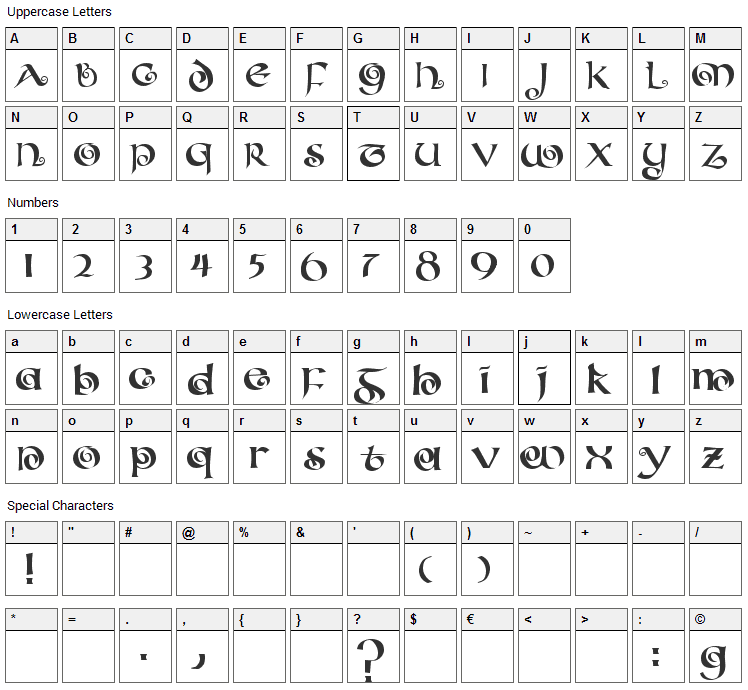 Coiled Uncial Font Character Map