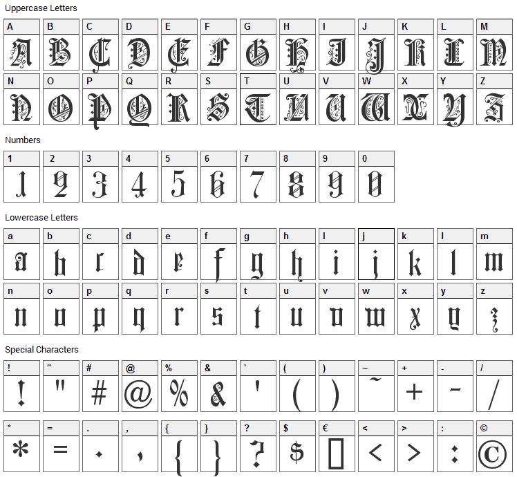 Colchester Font Character Map