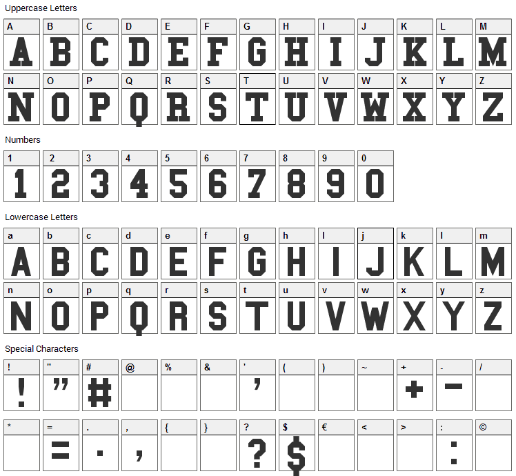 College Font Character Map