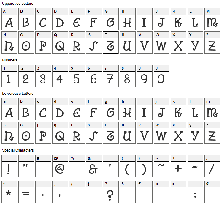 Comic Arousa Font Character Map