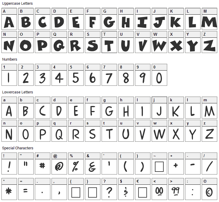 Comics Font Character Map