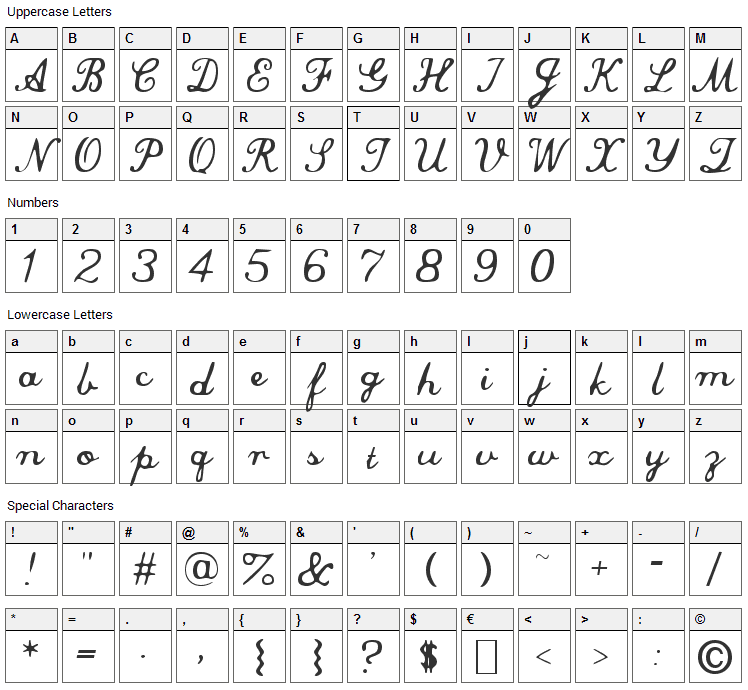 Commercial Script Font Character Map