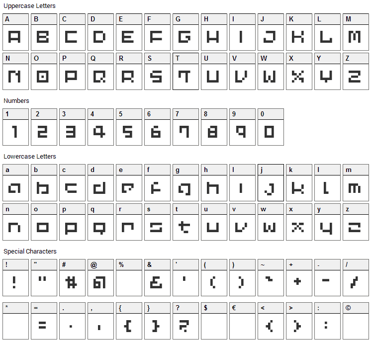 Common Pixel Font Character Map