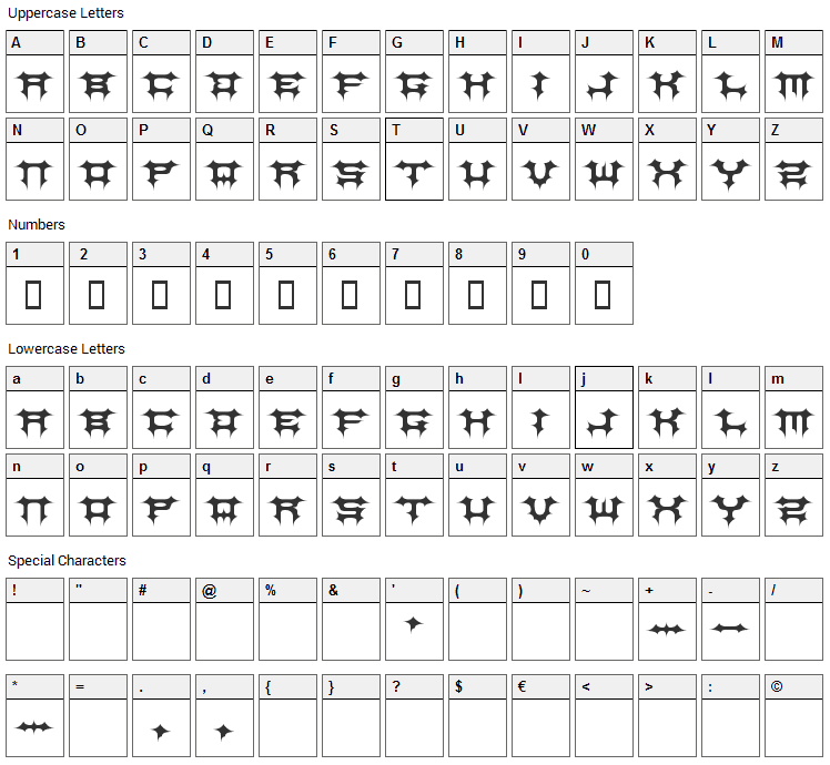 Cosmic Bats Font Character Map