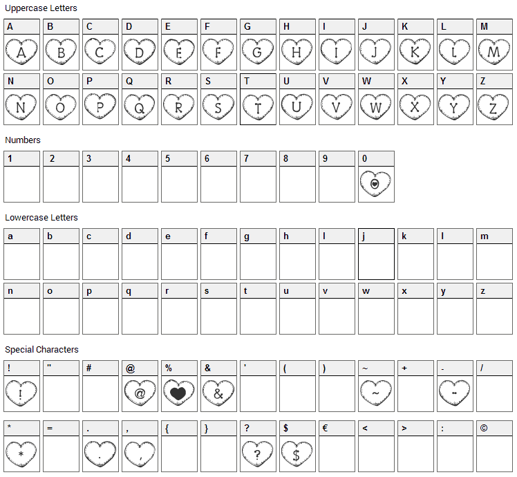 Country Hearts Font Character Map