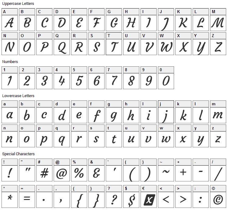 Courgette Font Character Map