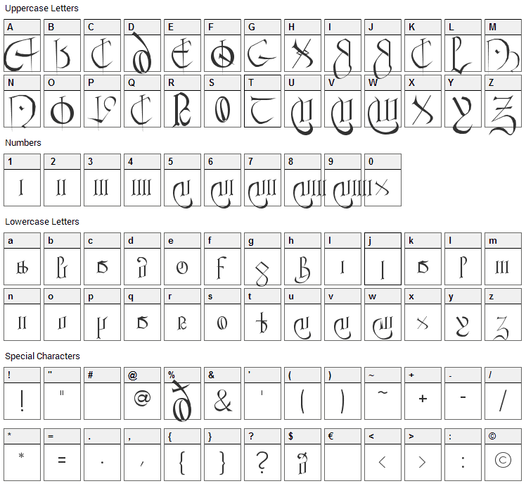 Courthand Font Character Map