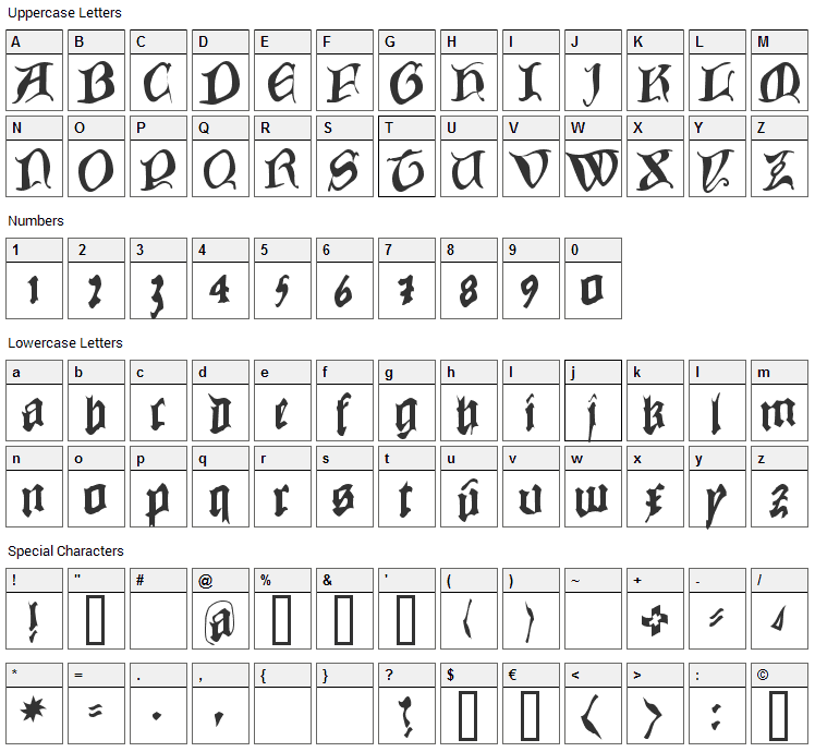 Cowboy Caxton Font Character Map