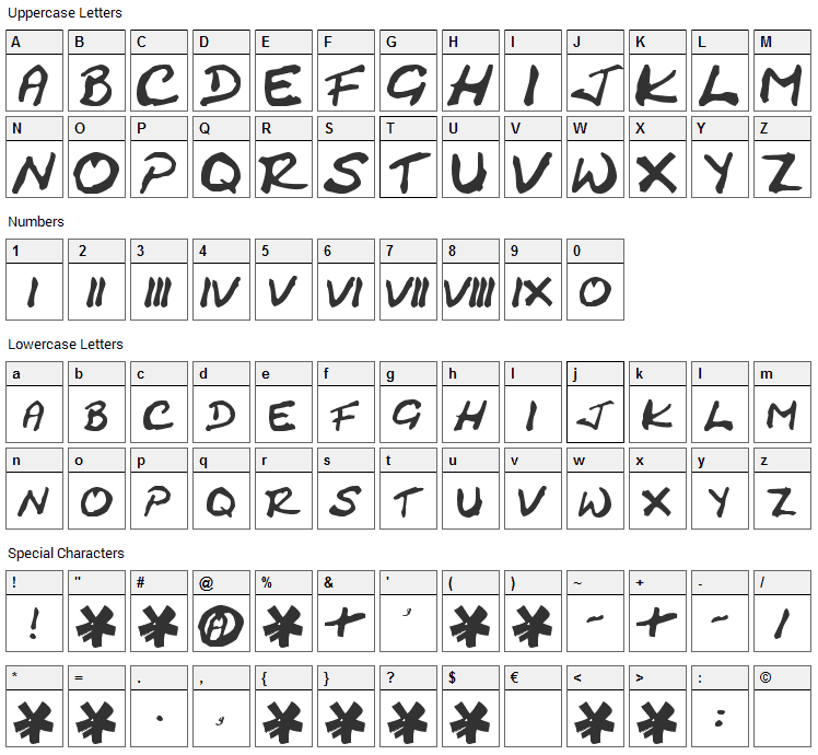 Cracked Johnnie Font Character Map