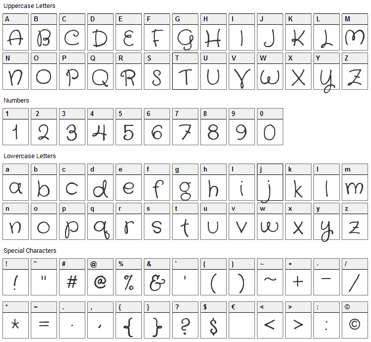 Crafty Girls Font Character Map