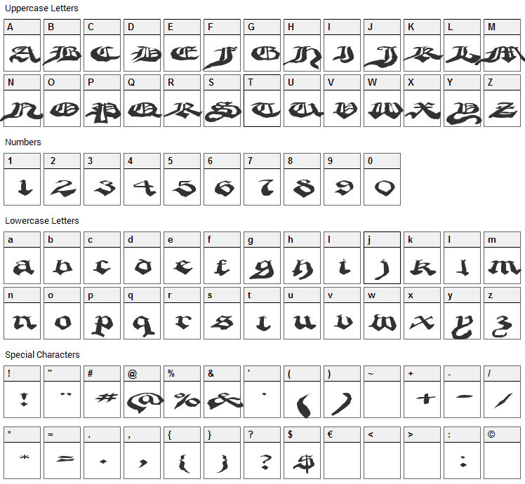 Crappy Gothic Font Character Map