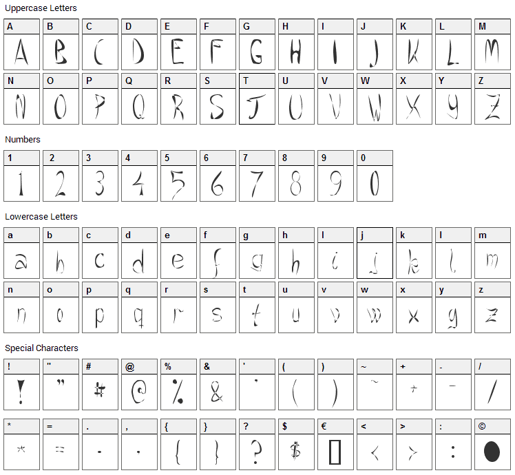 Crazee Font Character Map