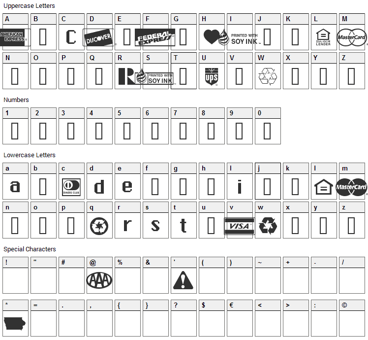 Credit Cards Font Character Map