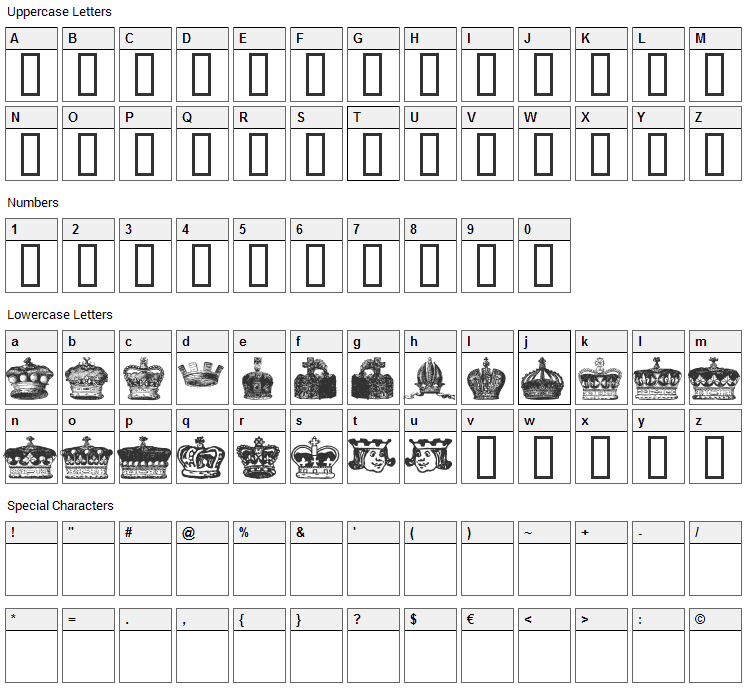 Crowns and Coronets Font Character Map