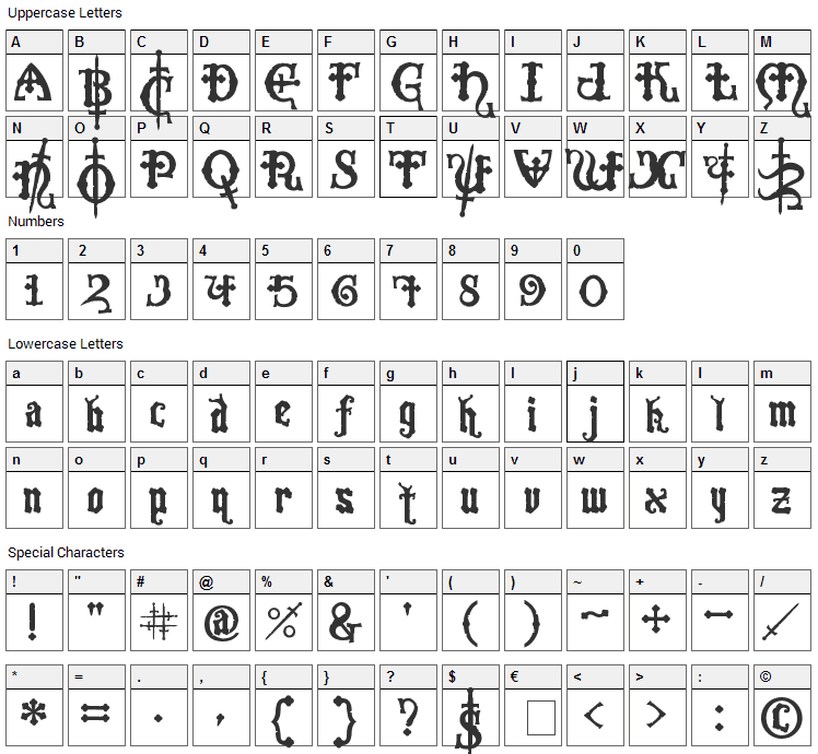 Crusades Font Character Map