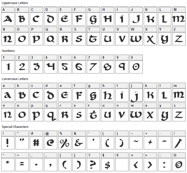 Cry Uncial Font Character Map