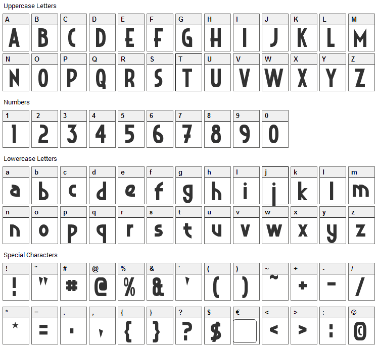 Crystal Deco Font Character Map