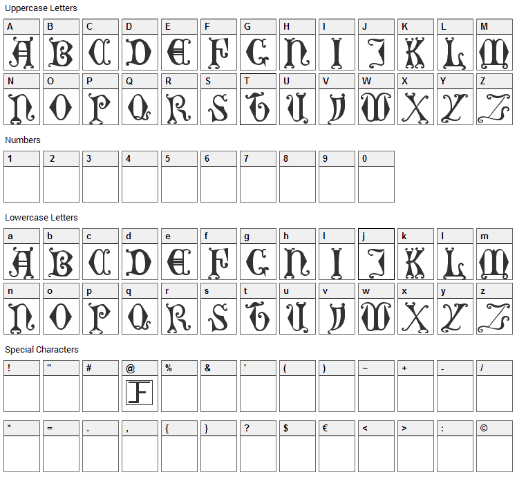 Curled Serif Font Character Map