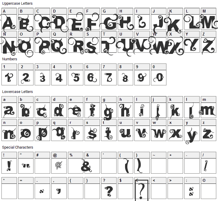 Curly Font Character Map