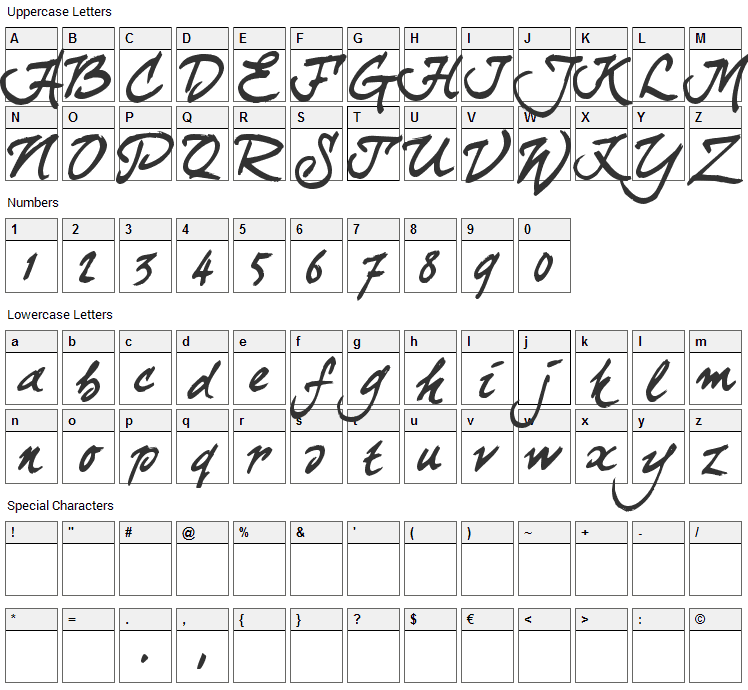 Curly Joe Font Character Map