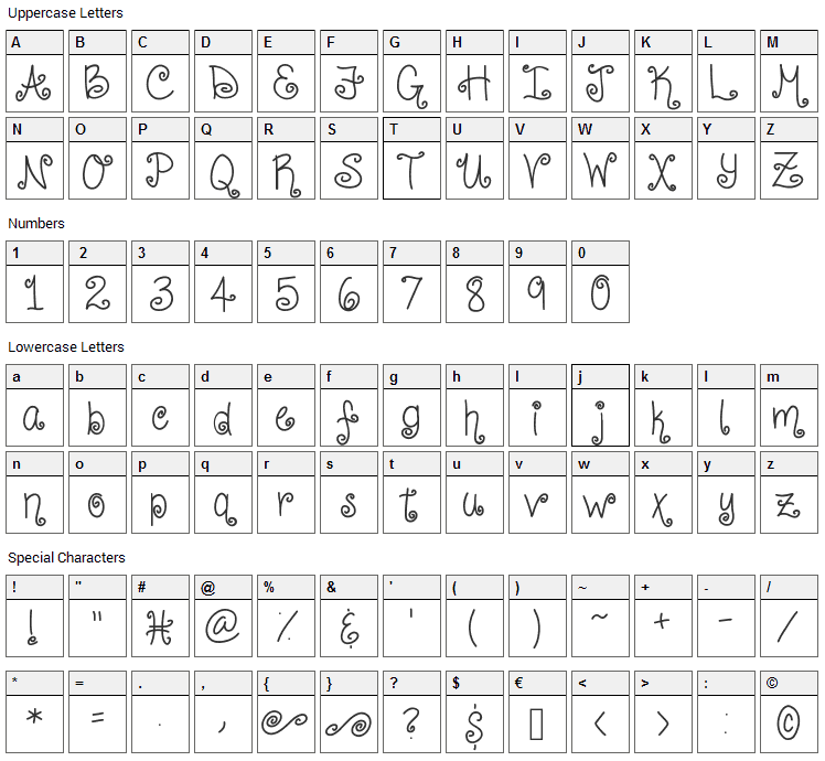 Curly Shirley Font Character Map