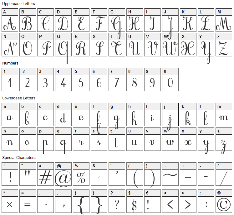 Cursif Font Character Map