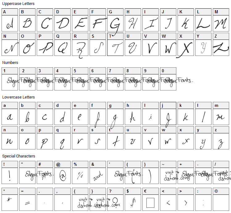 Cursive Edgar Font Character Map