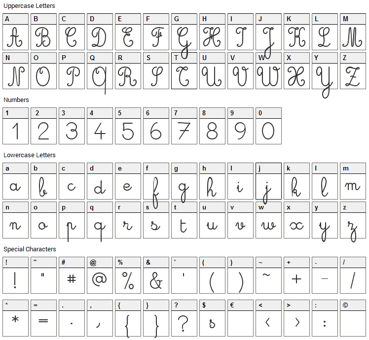 Cursive Font Character Map