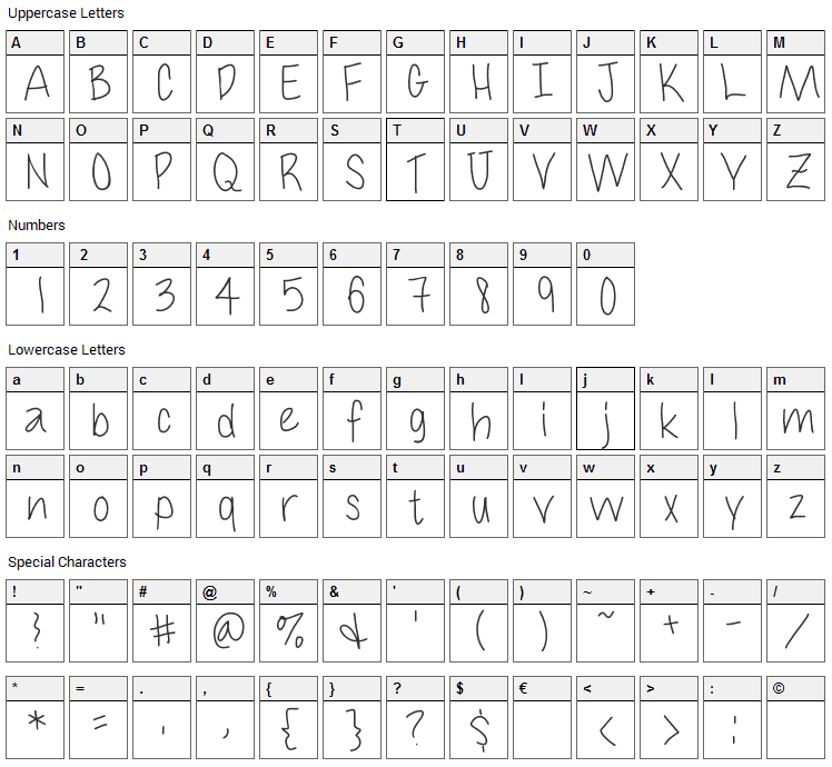 Cuteness Font Character Map