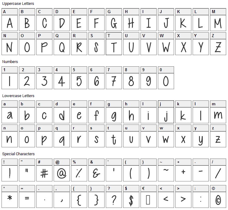 Cutie Patootie Font Character Map