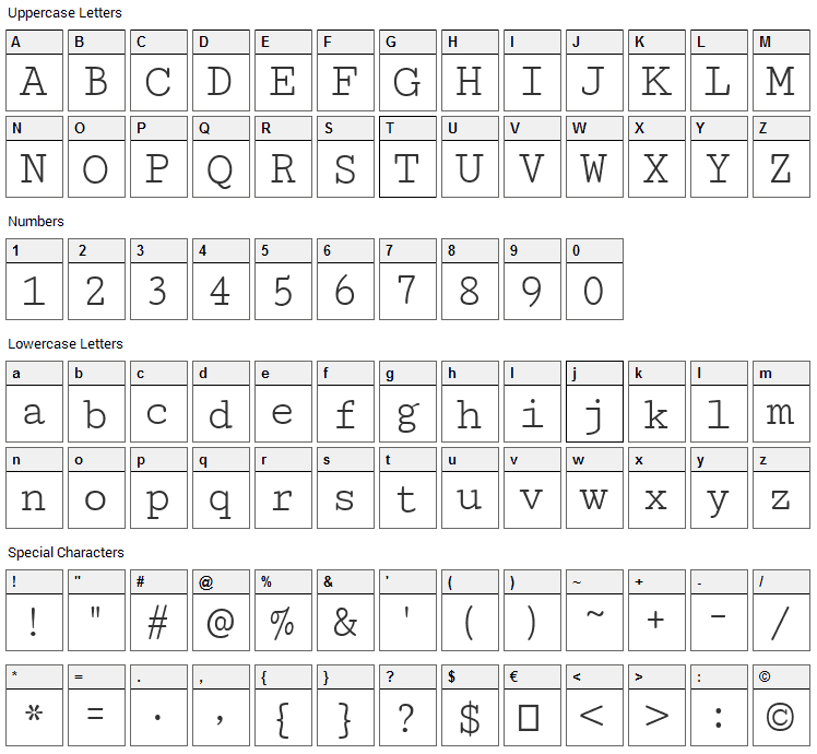 Cutive Mono Font Character Map
