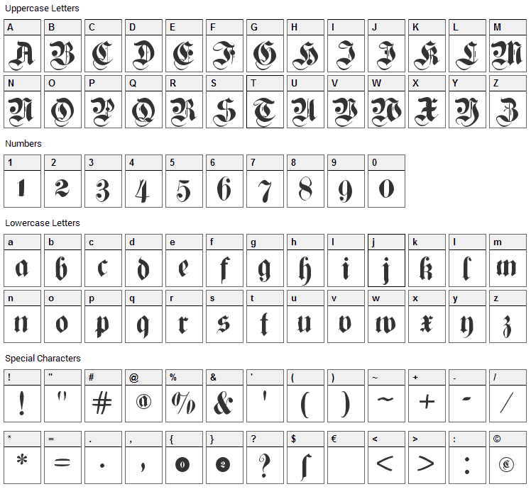 Cuxhaven Times Font Character Map