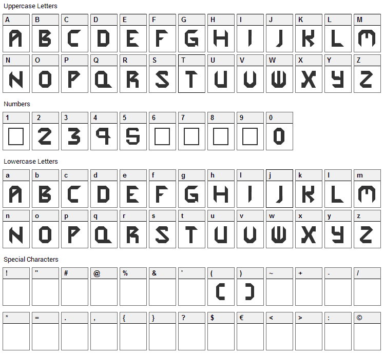 Cybergenics Font Character Map