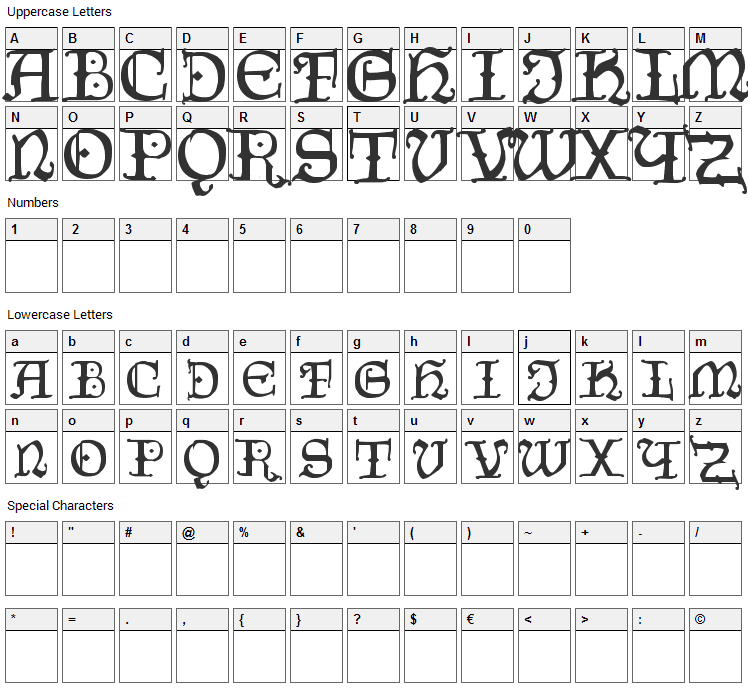 Czech Gotika Font Character Map