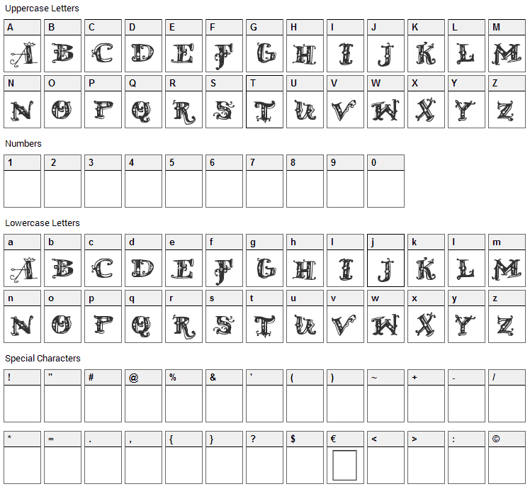 D Old Modern Font Character Map