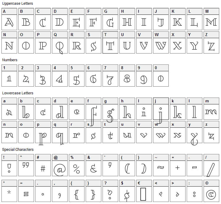 Dagerotypos Font Character Map