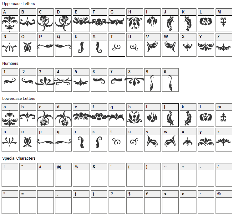 Damask Dings 1 Font Character Map