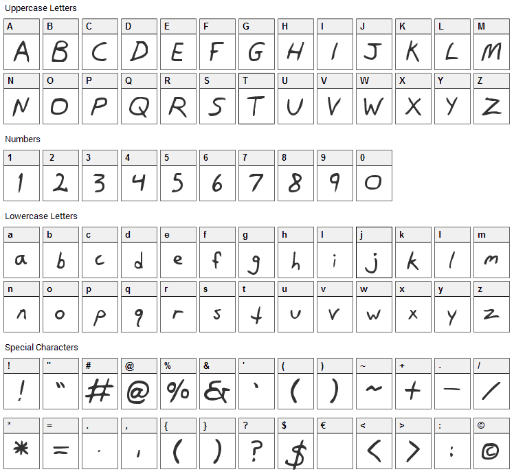 Dan's Hand Font Character Map